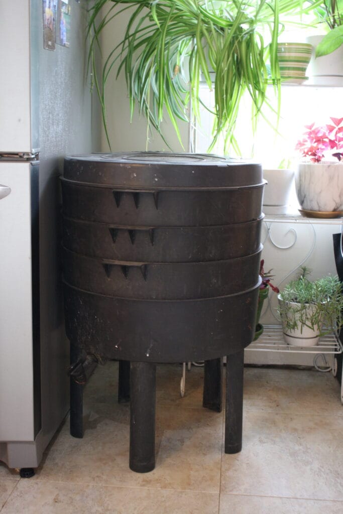 A Can-O-Worms bin in the corner of the kitchen surrounding by plants