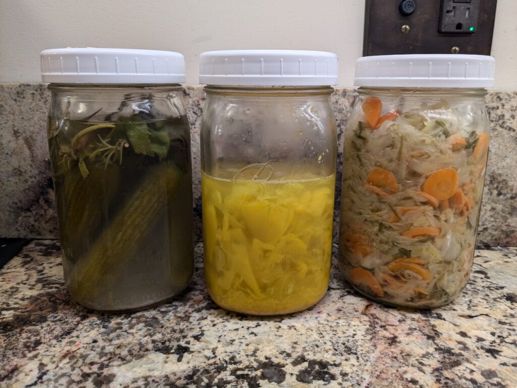Three jars of ferments: pickles, pineapple kraut, and curtido.