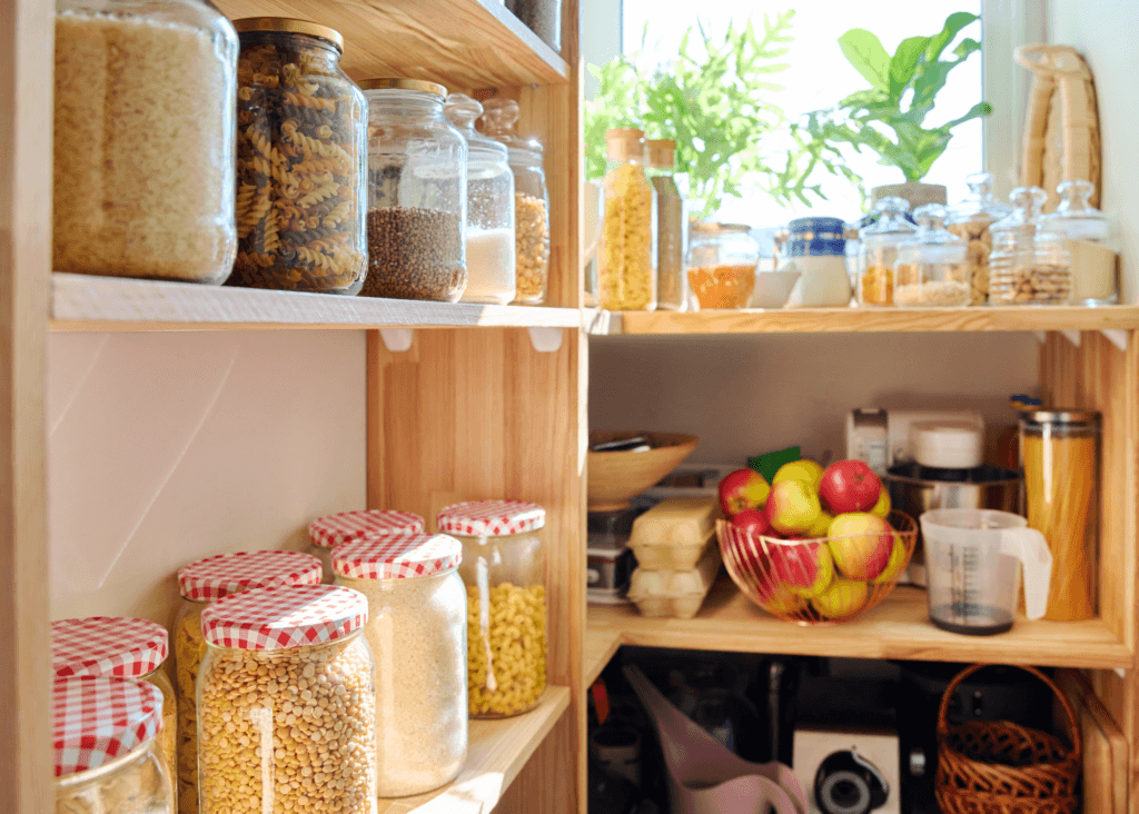 a well stocked kitchen pantry. lots of food in jars and baskets of fruit. small appliances
