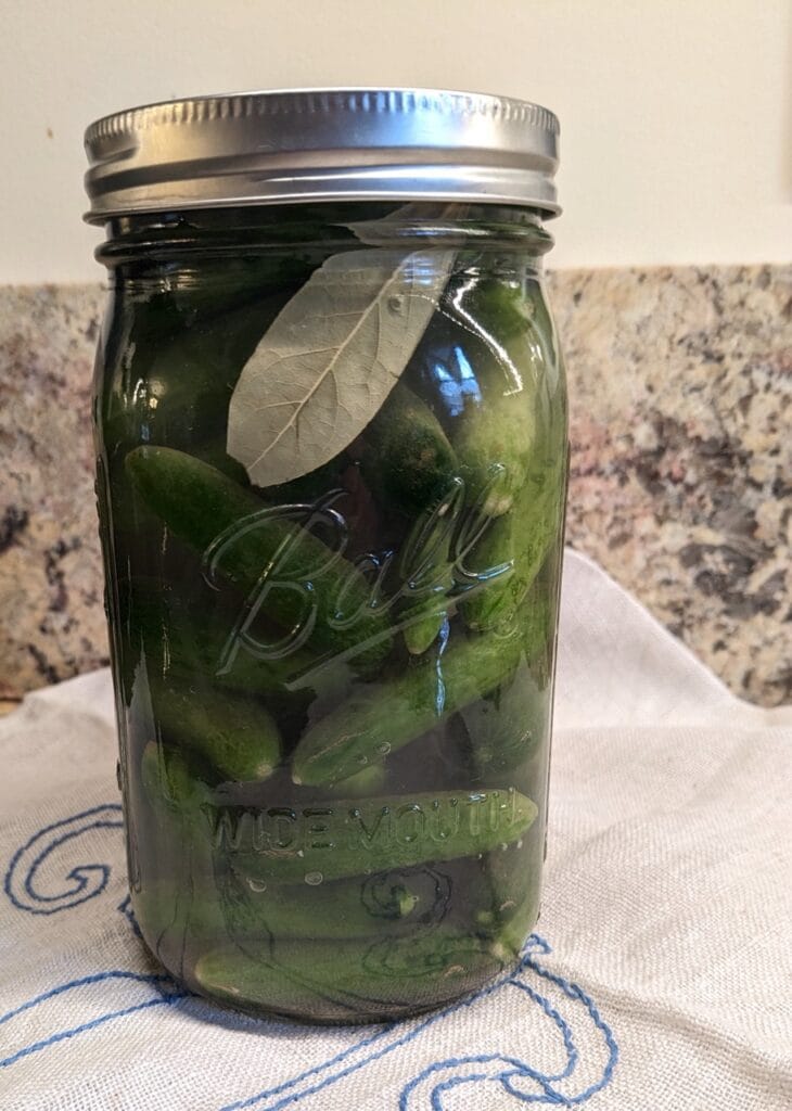 A quart sized Maxon jar packed with mini cucumbers, sitting on a linen tea towel on the counter.