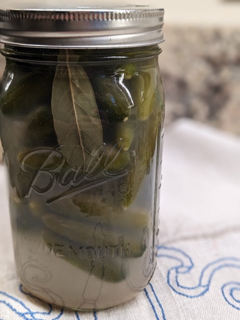 A quart sized Maxon jar packed with mini cucumbers that have naturally fermented in a salt brine in winter, sitting on a linen tea towel on the counter.