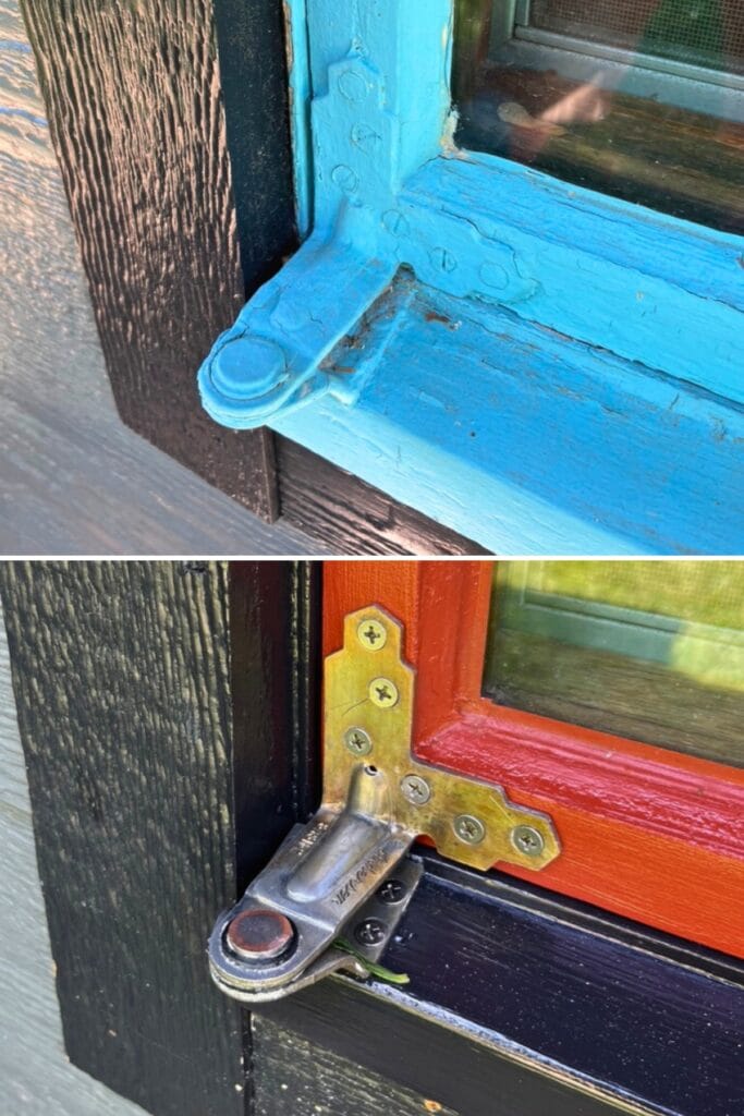 This before and after picture is a restoration we love. The top picture is original hardware on an original window. It's been painted bright blue and doesn't even work anymore. The second picture is showing that the original hardware on this original window has been removed, stripped and reinstalled to work perfectly.