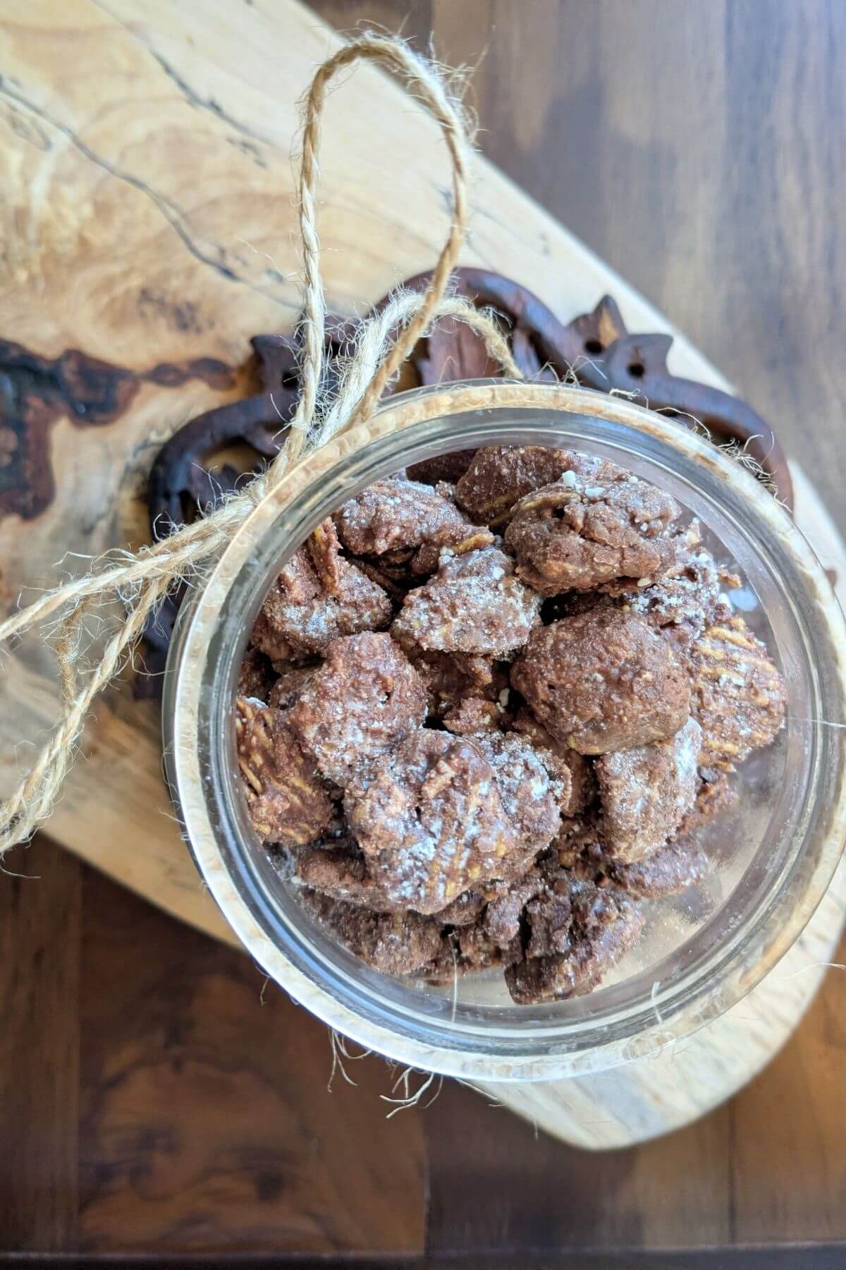 freshly made, rich, gooey puppy chow with more protein, peanut butter, dark chocolate, pastured butter and collagen peptides, and a lot less powdered sugar!