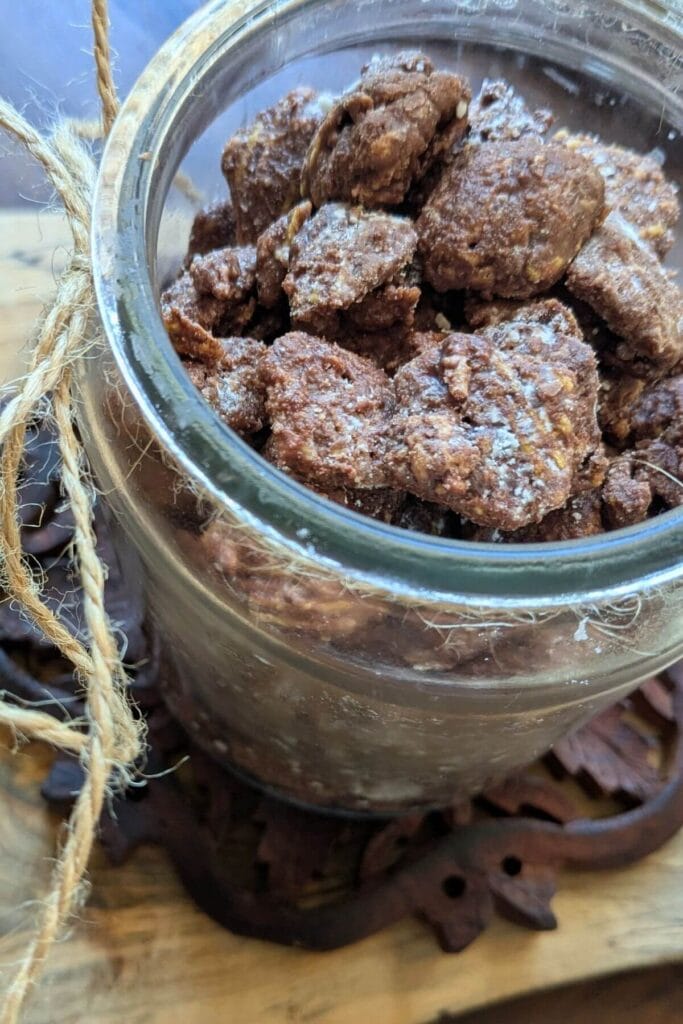 freshly made, rich, gooey puppy chow with more protein, peanut butter, dark chocolate, pastured butter and collagen peptides, and a lot less powdered sugar!