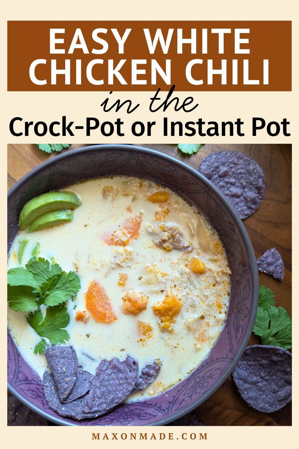 Easy white chicken chili in the crock-pot or instant pot.