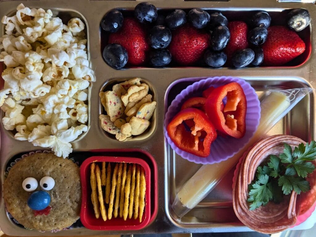 stainless steel compartment lunch box packed full of all the food groups