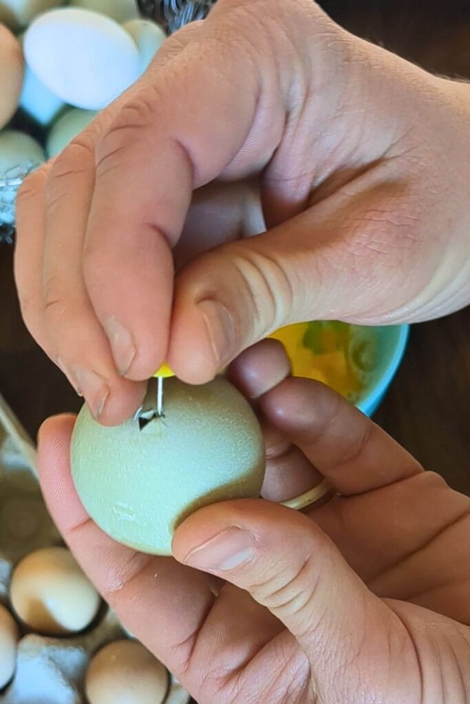 Hands using a push pin to make holes in a raw egg to blow out the inside into a bowl 