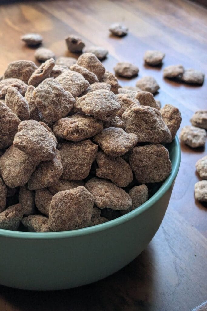 freshly made, rich, gooey puppy chow or muddy buddies with more protein, peanut butter, dark chocolate, pastured butter and collagen peptides, and a lot less powdered sugar!