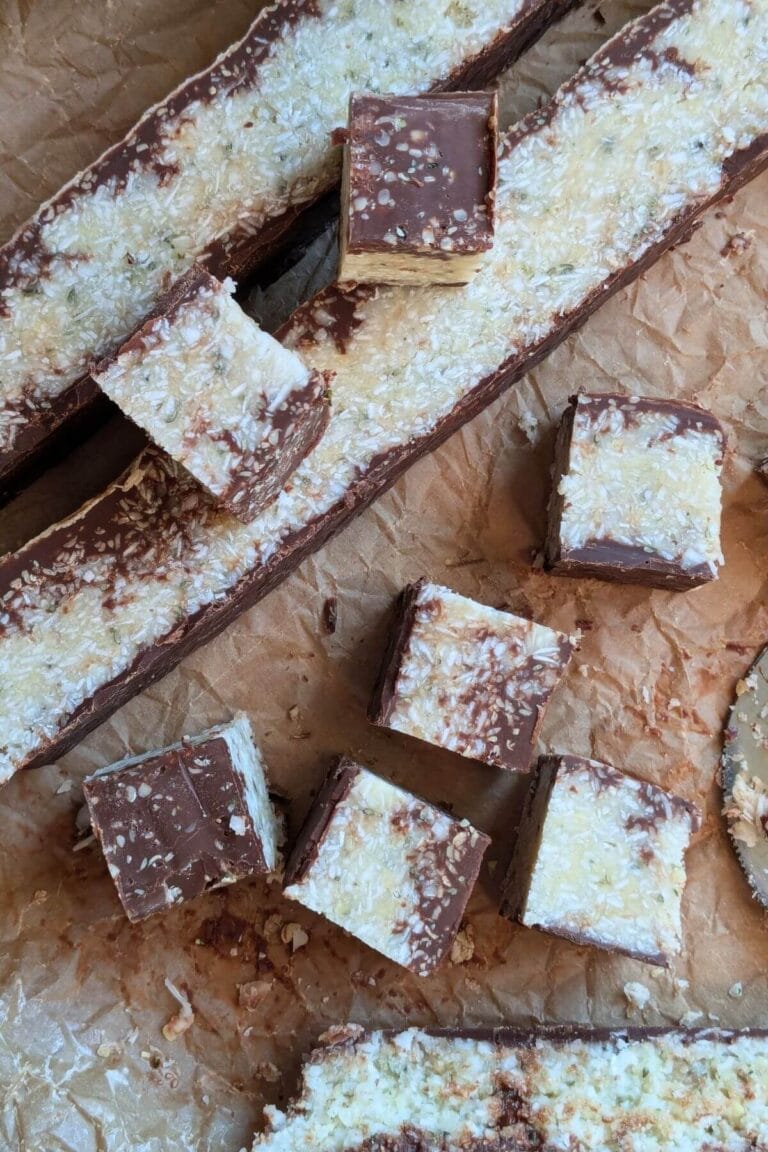 Homemade chocolate coconut bars ready for snacking or lunchbox treat