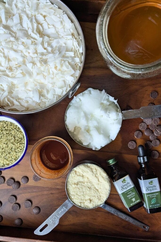 ingredients for no bake chocolate coconut bars with almond flour and coconut