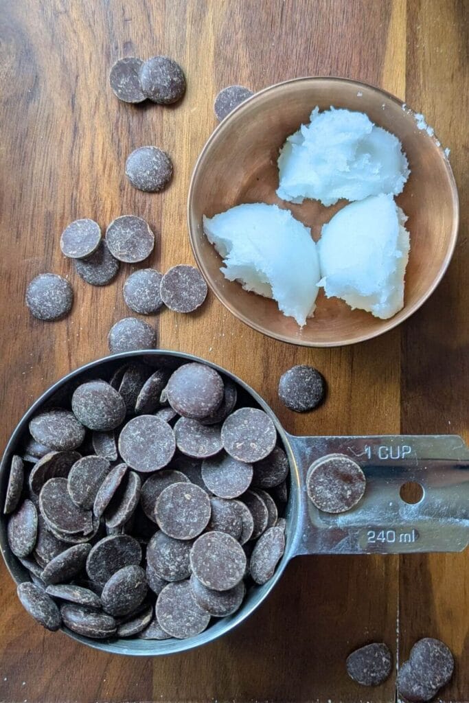 one cup of Ghirardelli dark chocolate chips 72% and three tablespoons of coconut oil for homemade magic shell recipe or homemade candy bars