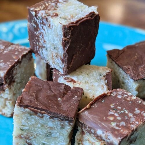 Close-up of fudgy no bake chocolate coconut bars with visible shredded coconut