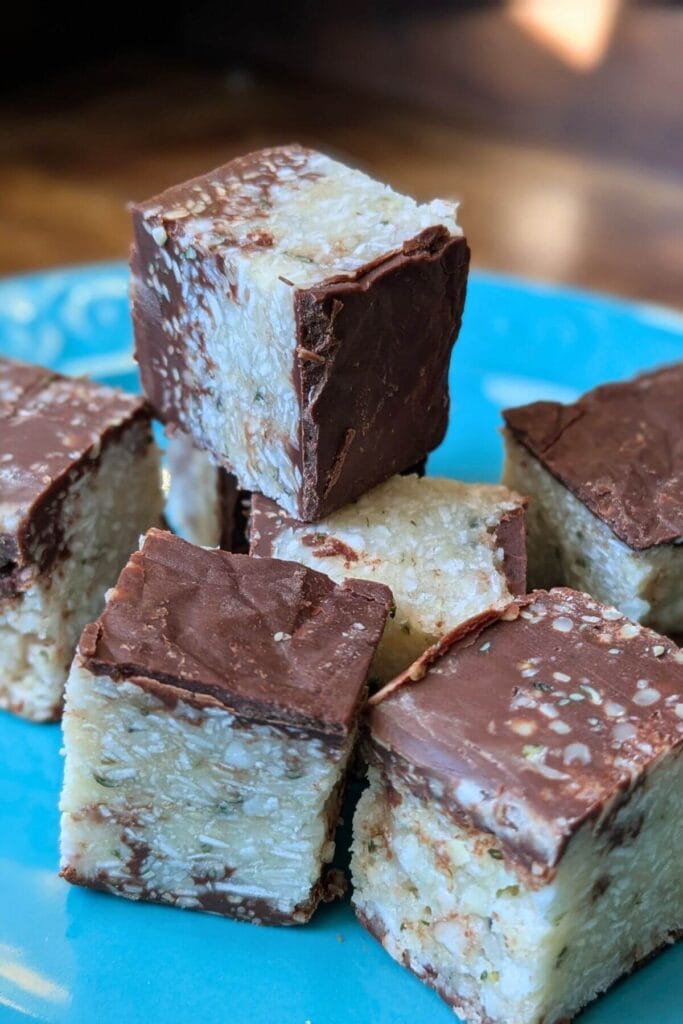 Close-up of fudgy no bake chocolate coconut bars with visible shredded coconut