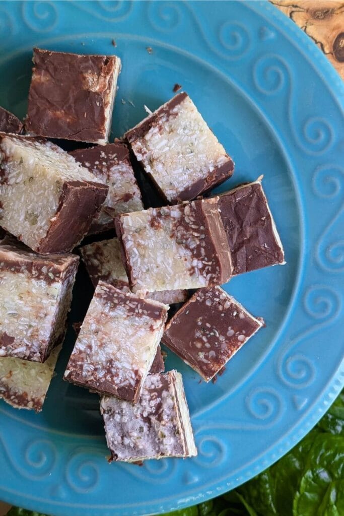 No bake chocolate coconut bars served on a plate for a healthy dessert