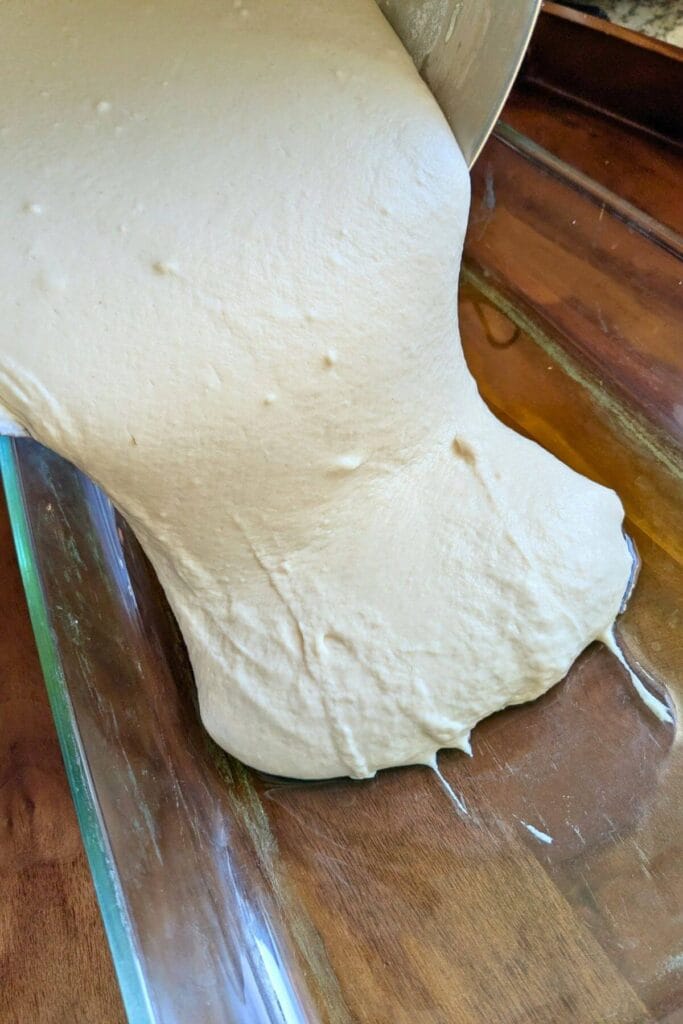 Pour the very sticky dough into the pan.