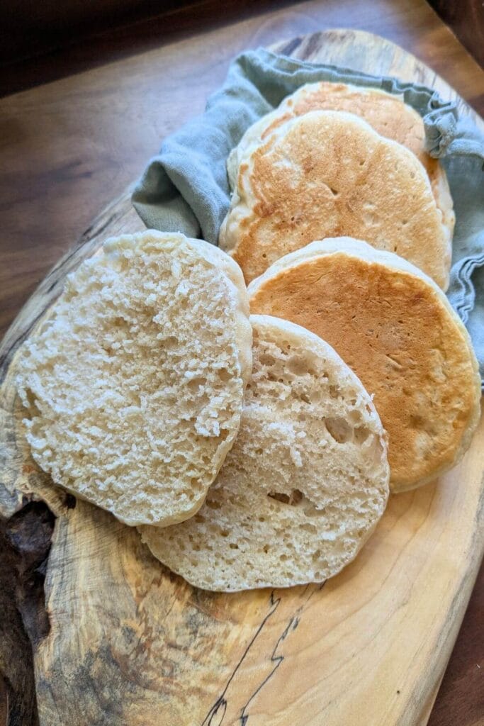 homemade organic sourdough English muffins made with low maintenance starter that was kept in the fridge for a month and used as discard
