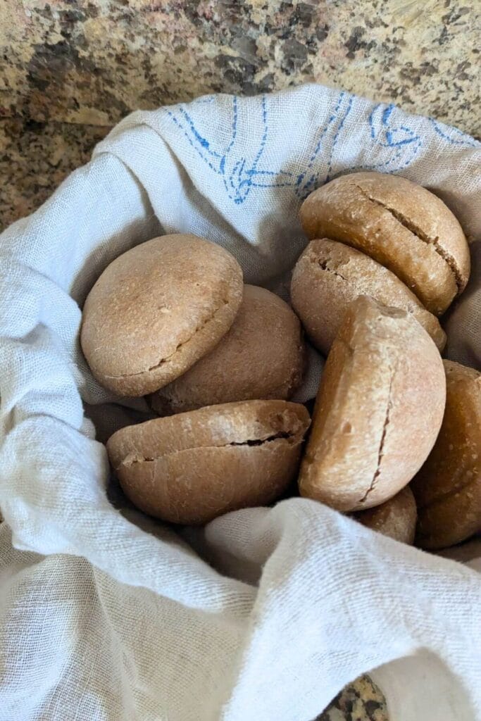 homemade organic whole wheat sourdough buns made with low maintenance starter that was kept in the fridge