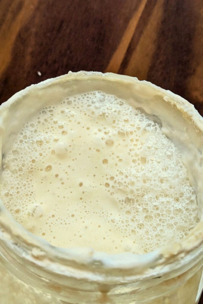 a close up of a mason jar of bubbly, active sourdough starter