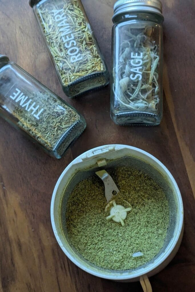 finely ground herbs in a coffee grinder