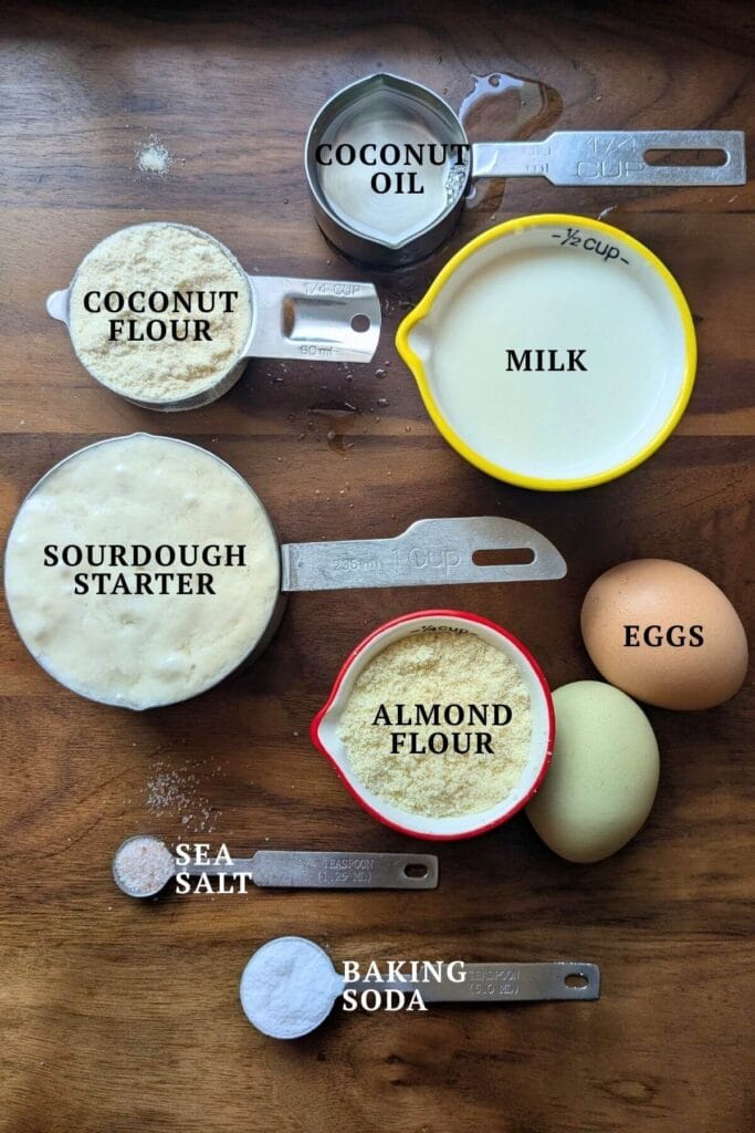 Almond and coconut flour added to sourdough waffle batter for extra protein and fiber