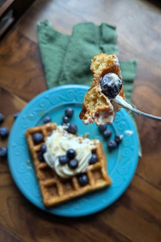 Crispy homemade sourdough waffles made with almond flour and coconut flour served warm for breakfast